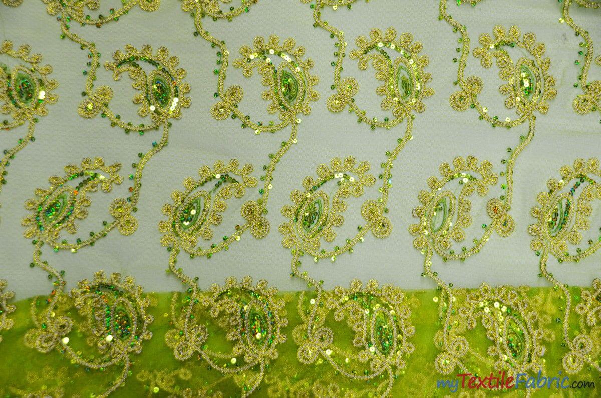 Coco Paisley Sheer Embroidery | Double Scallop Lace | 52" Wide | Fabric mytextilefabric Yards Avocado 