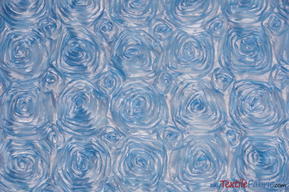 Rosette Satin Fabric | Wedding Satin Fabric | 54" Wide | 3d Satin Floral Embroidery | Multiple Colors | Wholesale Bolt | Fabric mytextilefabric Bolts Baby Blue 