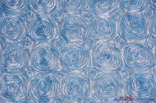 Load image into Gallery viewer, Rosette Satin Fabric | Wedding Satin Fabric | 54&quot; Wide | 3d Satin Floral Embroidery | Multiple Colors | Wholesale Bolt | Fabric mytextilefabric Bolts Baby Blue 
