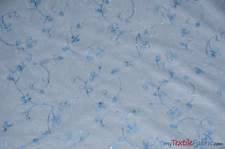 Dahlia Organza Embroidery Fabric | Embroidered Floral Sheer with Sequins Embellishment | 54" Wide | Multiple Colors | Fabric mytextilefabric Yards Baby Blue 