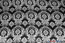Load image into Gallery viewer, Damask Satin Fabric | Silky Soft Satin Damask Charmeuse Fabric | 60&quot; Wide | Fabric mytextilefabric Yards Black White Damask 