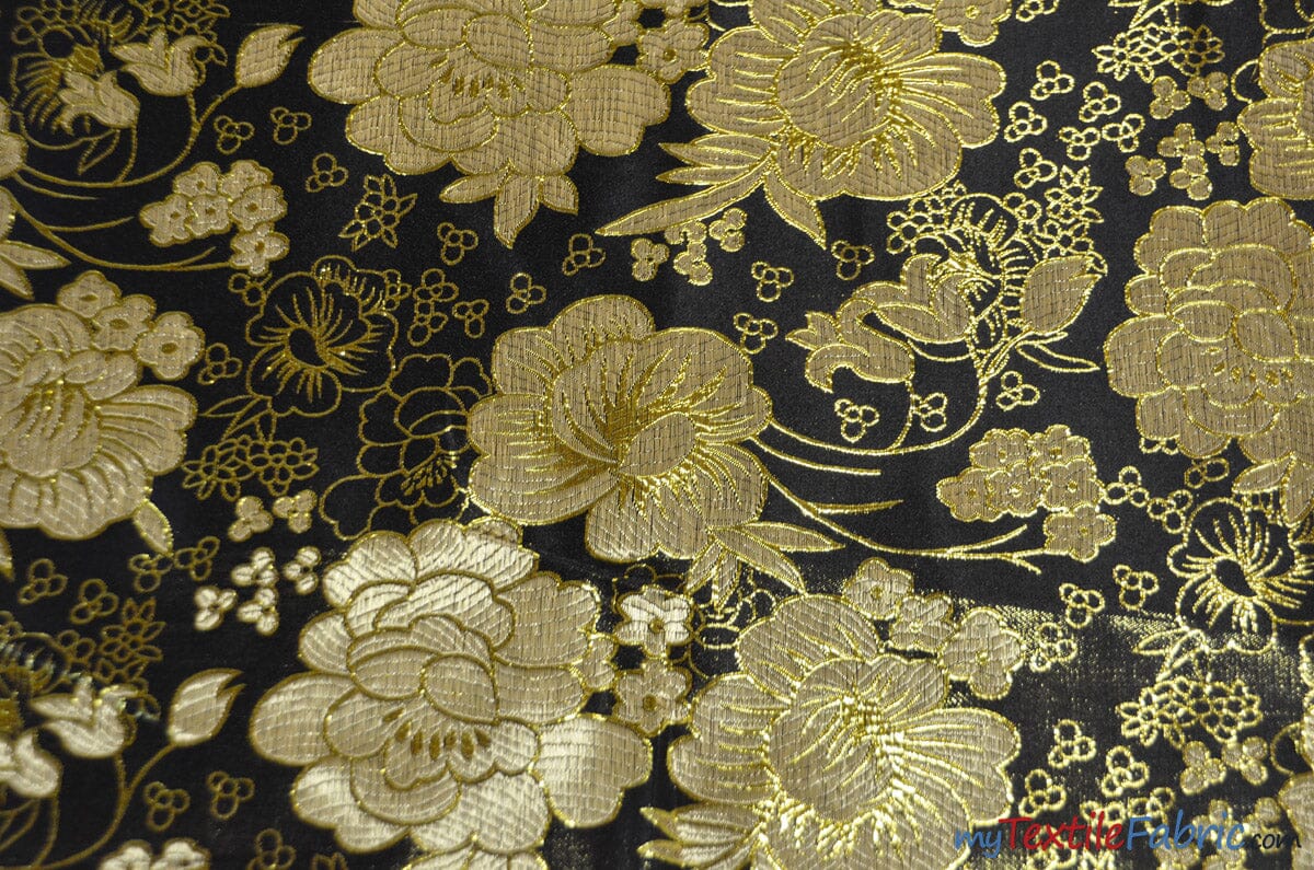 Oriental Metallic Flower Brocade | Metallic Brocade B23 | 58" Wide | Chinese Brocade Fabric | Fabric mytextilefabric Yards Black 