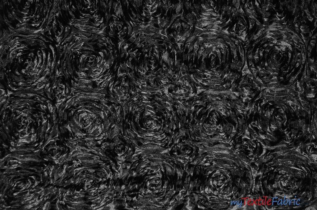 Rosette Satin Fabric | Wedding Satin Fabric | 54" Wide | 3d Satin Floral Embroidery | Multiple Colors | Continuous Yards | Fabric mytextilefabric Yards Black 