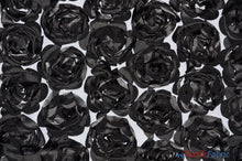 Load image into Gallery viewer, Rosette Satin Bordeaux Fabric | Rose Bordeaux Satin | 52&quot; wide | 3d Floral Satin Embroidered on a Mesh | Multiple Colors | Fabric mytextilefabric Yards Black 
