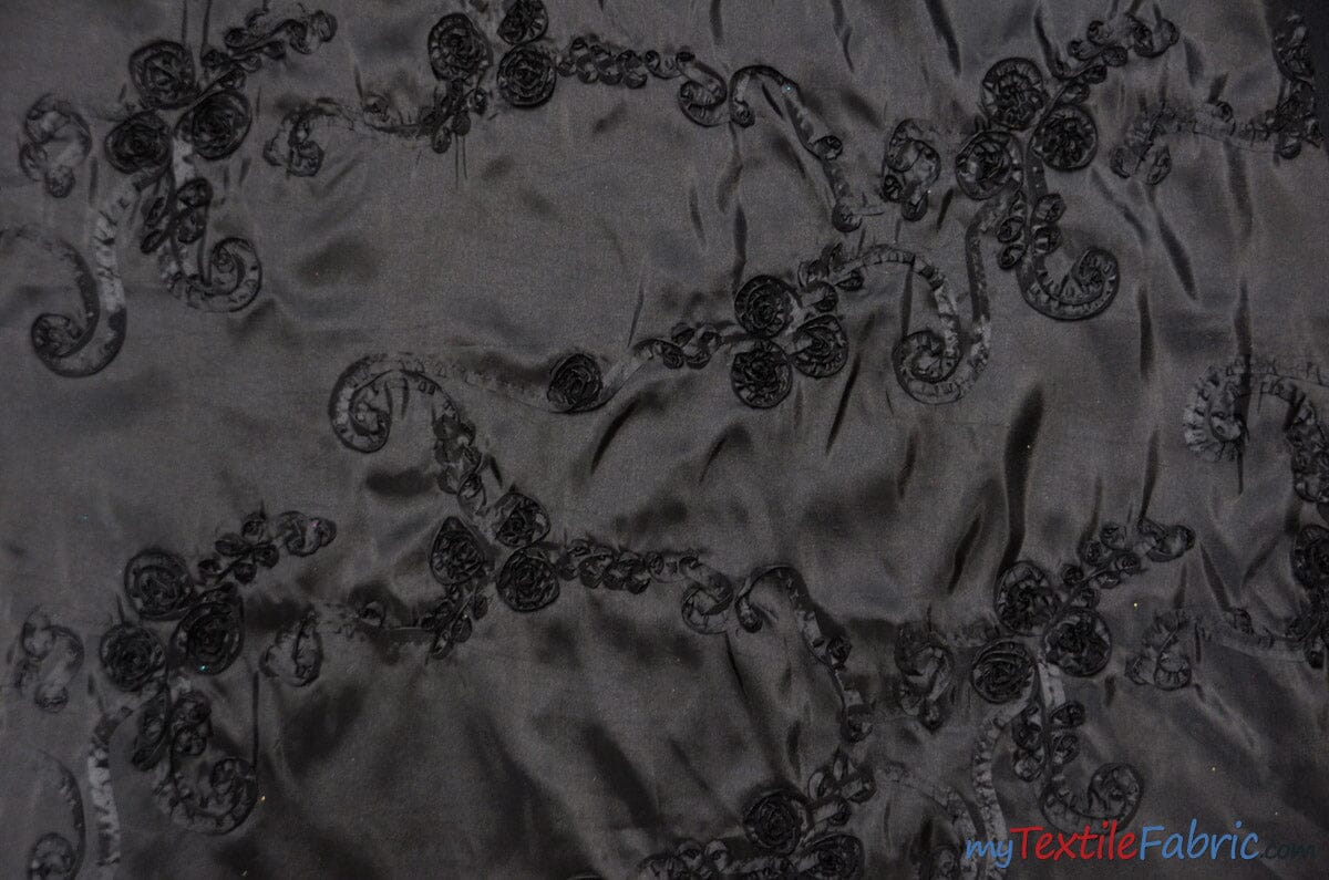 Ribbon Taffeta Fabric | Ribbon Cord Taffeta Embroidery | 54" Wide | Multiple Colors | Fabric mytextilefabric Yards Black 