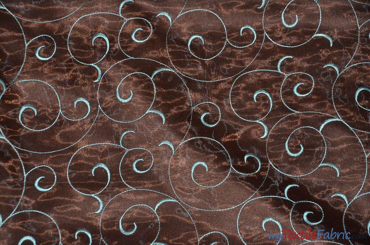 Swirl Organza Fabric | Embroidered Swirl Sheer | 54" Wide | Multiple Colors | Fabric mytextilefabric Yards Brown Aqua 