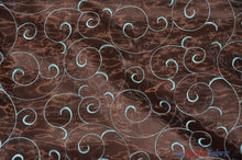 Load image into Gallery viewer, Swirl Organza Fabric | Embroidered Swirl Sheer | 54&quot; Wide | Multiple Colors | Fabric mytextilefabric Yards Brown Aqua 