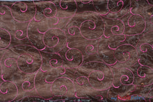 Load image into Gallery viewer, Swirl Organza Fabric | Embroidered Swirl Sheer | 54&quot; Wide | Multiple Colors | Fabric mytextilefabric Yards Brown Fuchsia 
