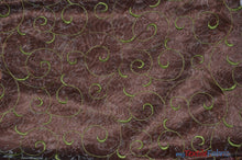 Load image into Gallery viewer, Swirl Organza Fabric | Embroidered Swirl Sheer | 54&quot; Wide | Multiple Colors | Fabric mytextilefabric Yards Brown Lime 