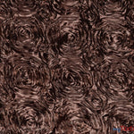 Load image into Gallery viewer, Rosette Satin Fabric | Wedding Satin Fabric | 54&quot; Wide | 3d Satin Floral Embroidery | Multiple Colors | Wholesale Bolt | Fabric mytextilefabric Bolts Brown 
