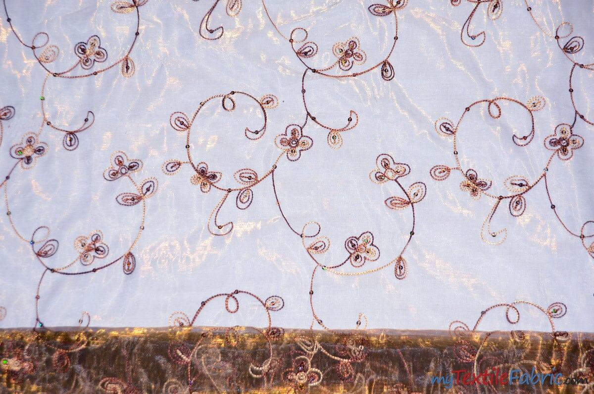 Dahlia Organza Embroidery Fabric | Embroidered Floral Sheer with Sequins Embellishment | 54" Wide | Multiple Colors | Fabric mytextilefabric Yards Brown 