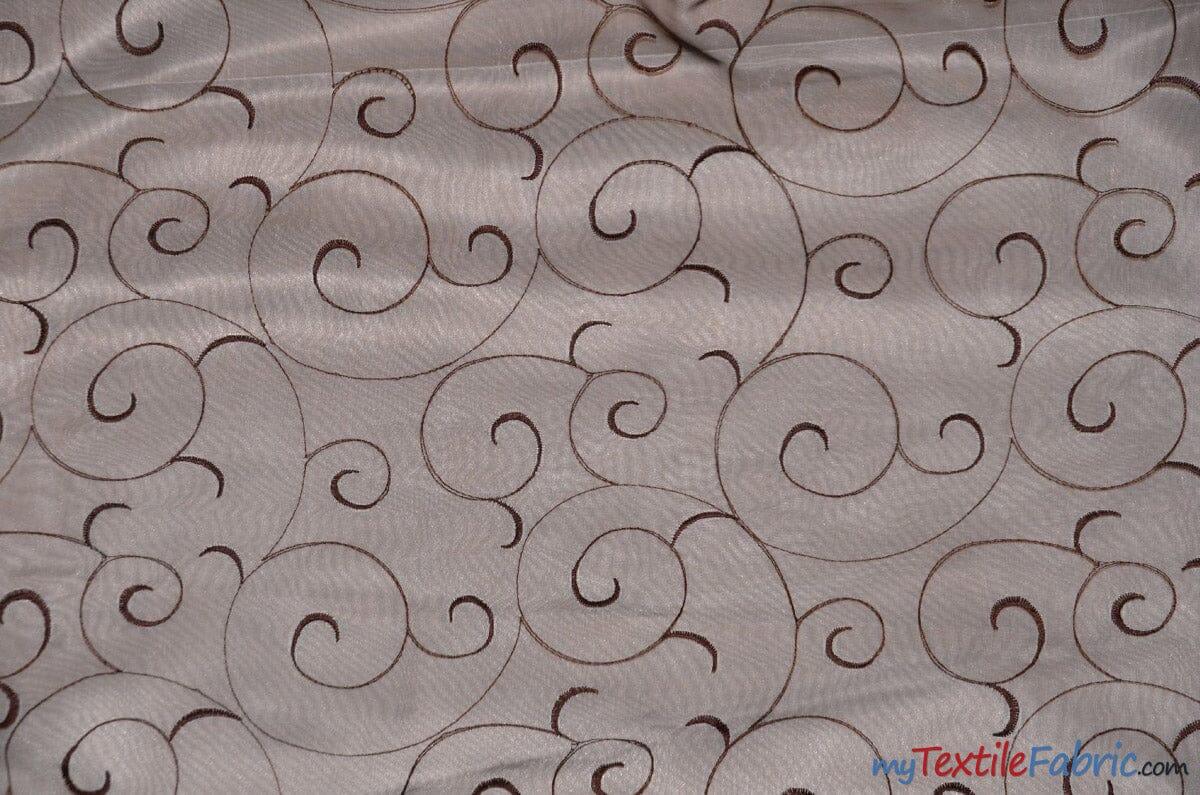 Swirl Organza Fabric | Embroidered Swirl Sheer | 54" Wide | Multiple Colors | Fabric mytextilefabric Yards Brown 