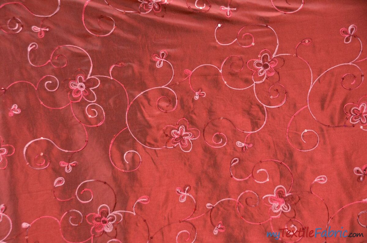 Aurora Taffeta Embroidery | Embroidered Floral Taffeta | 54" Wide | Multiple Colors | Fabric mytextilefabric Yards Burgundy 