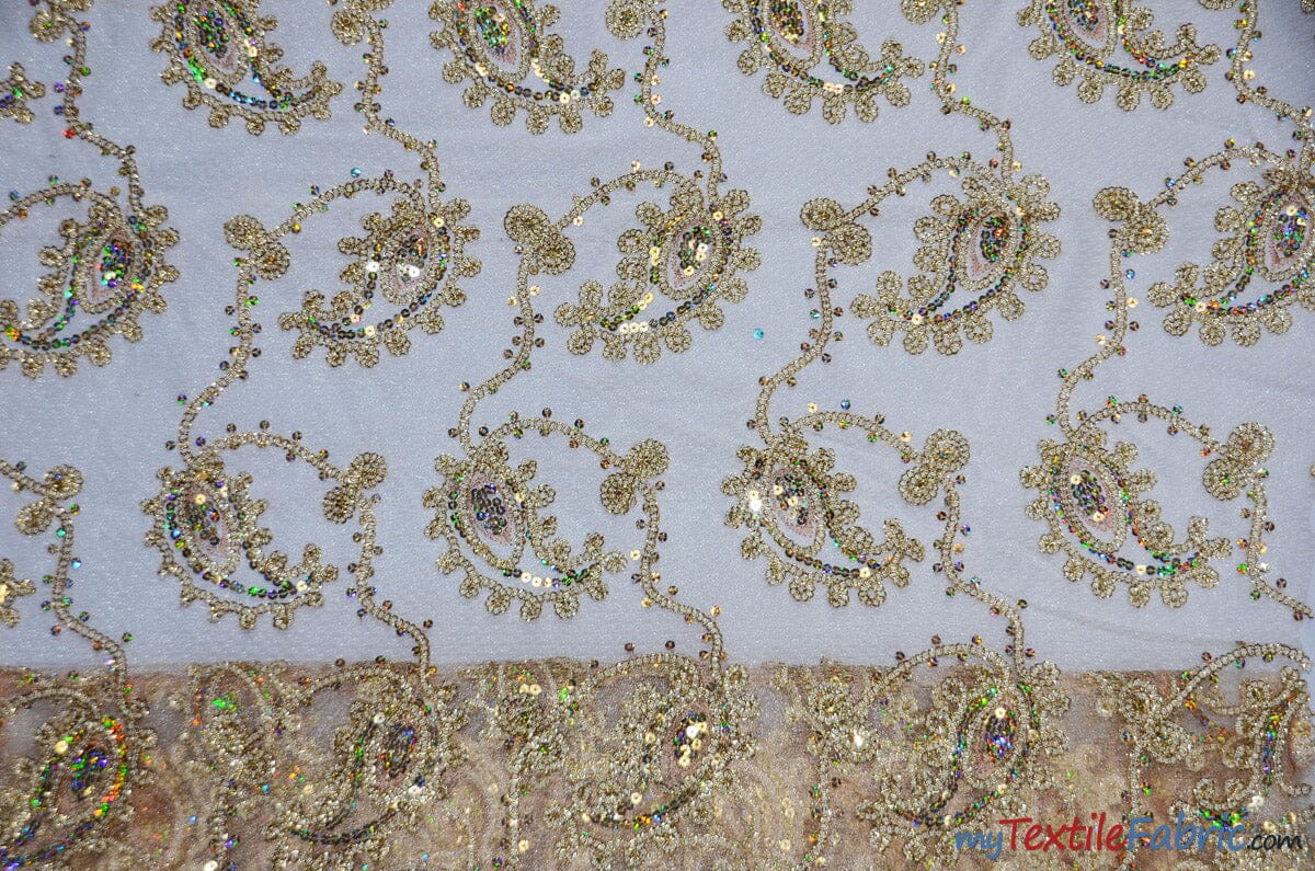 Coco Paisley Sheer Embroidery | Double Scallop Lace | 52" Wide | Fabric mytextilefabric Yards Champagne 