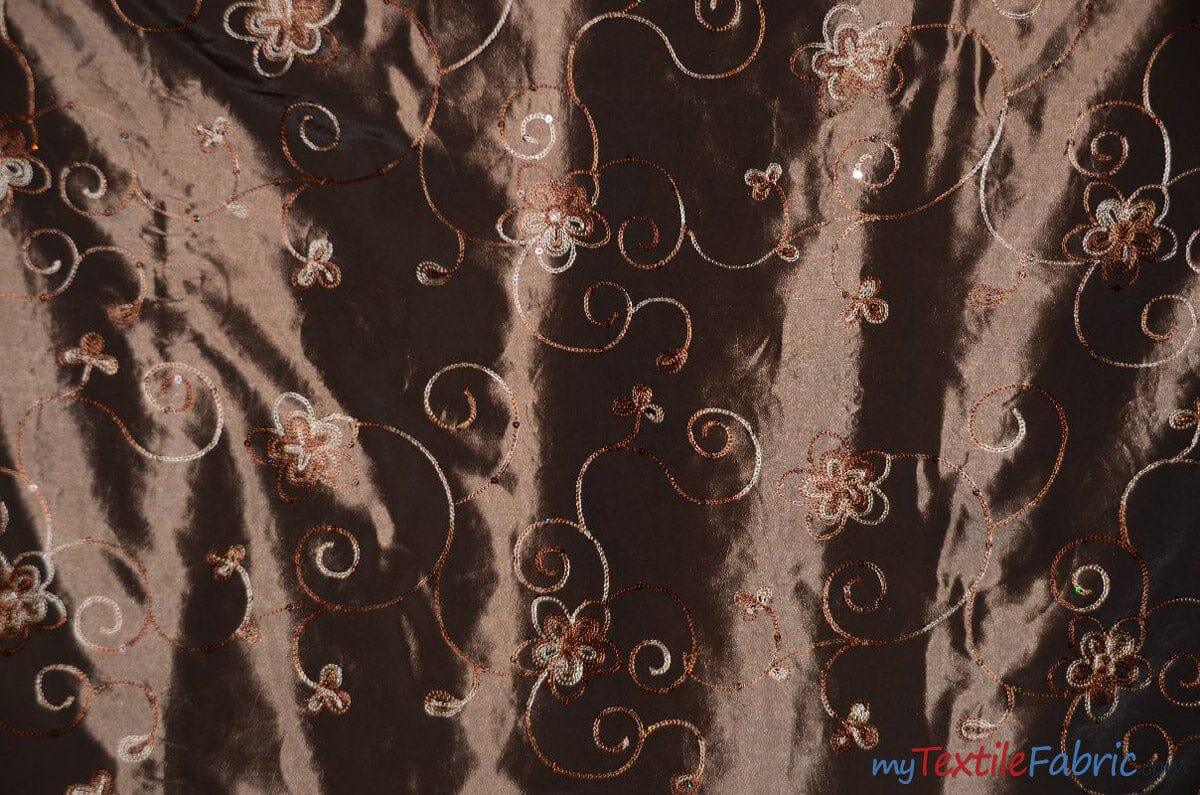 Aurora Taffeta Embroidery | Embroidered Floral Taffeta | 54" Wide | Multiple Colors | Fabric mytextilefabric Yards Chocolate 