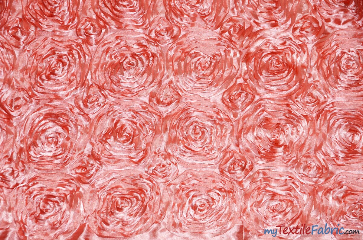 Rosette Satin Fabric | Wedding Satin Fabric | 54" Wide | 3d Satin Floral Embroidery | Multiple Colors | Wholesale Bolt | Fabric mytextilefabric Bolts Coral 