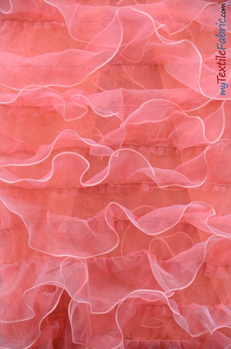 Organza Ruffled Mesh Fabric | Layered Ruffle Mesh Fabric | 57" Wide | Multiple Colors | Fabric mytextilefabric Yards Coral 