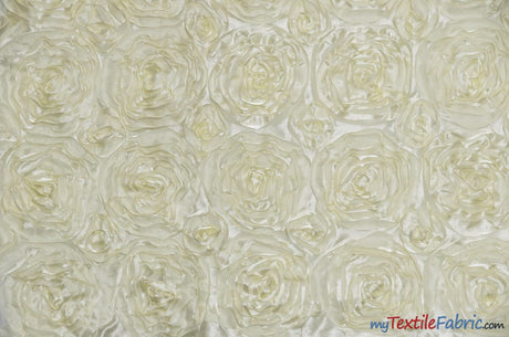 Rosette Satin Fabric | Wedding Satin Fabric | 54" Wide | 3d Satin Floral Embroidery | Multiple Colors | Wholesale Bolt | Fabric mytextilefabric Bolts Dark Ivory 