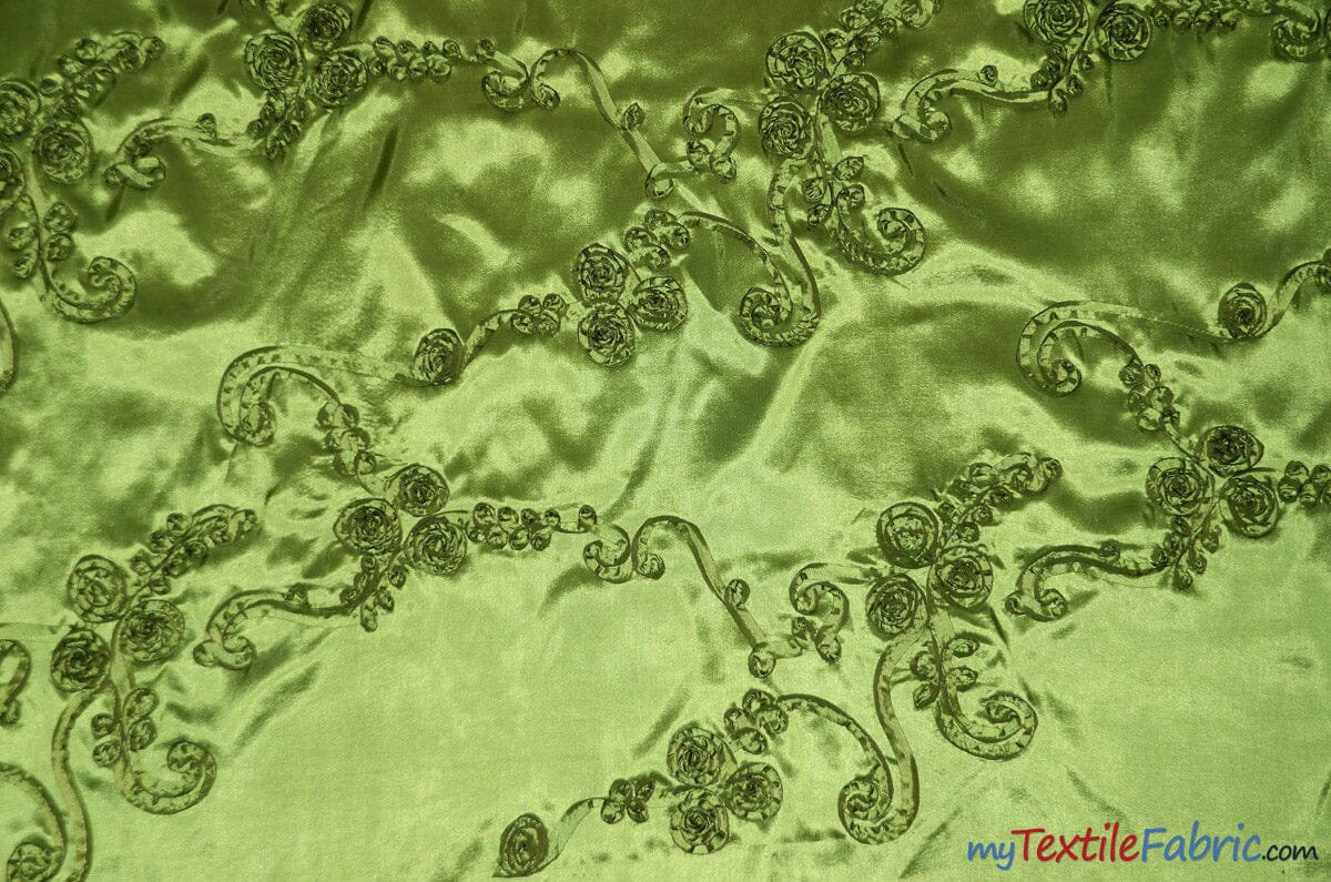 Ribbon Taffeta Fabric | Ribbon Cord Taffeta Embroidery | 54" Wide | Multiple Colors | Fabric mytextilefabric Yards Dark Lime 