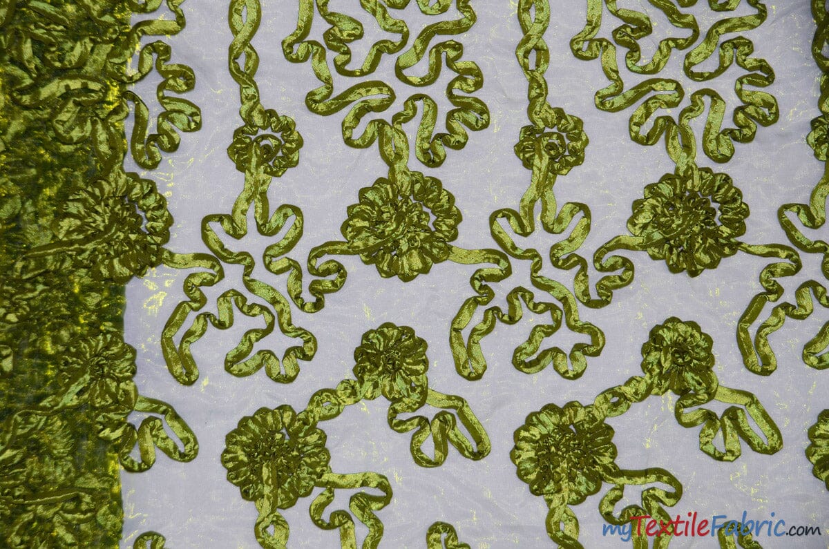 Luxury Organza Embroidery Fabric | Embroidered Ribbon Organza | 54" Wide | Multiple Colors | Fabric mytextilefabric Yards Dark Lime 