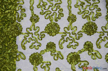 Load image into Gallery viewer, Luxury Organza Embroidery Fabric | Embroidered Ribbon Organza | 54&quot; Wide | Multiple Colors | Fabric mytextilefabric Yards Dark Lime 