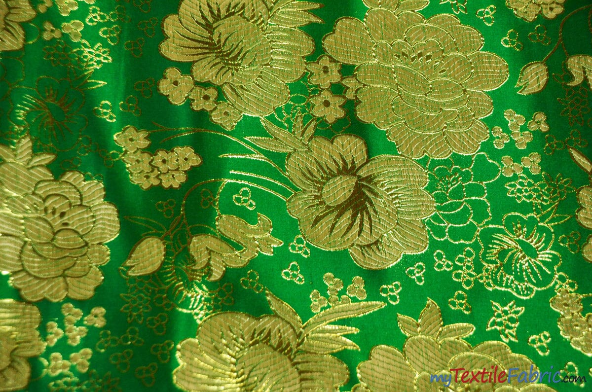 Oriental Metallic Flower Brocade | Metallic Brocade B23 | 58" Wide | Chinese Brocade Fabric | Fabric mytextilefabric Yards Flag Green 