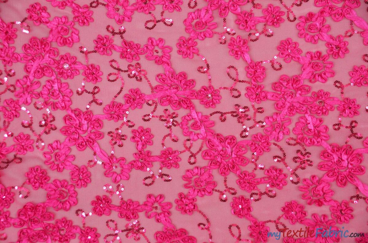 Luxury Mesh Embroidery Fabric | Embroidered Mesh Bridal Lace | 54" Wide | Multiple Colors | Fabric mytextilefabric Yards Fuchsia 