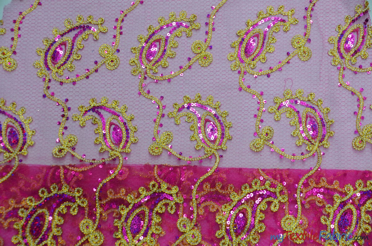 Coco Paisley Sheer Embroidery | Double Scallop Lace | 52" Wide | Fabric mytextilefabric Yards Fuchsia 