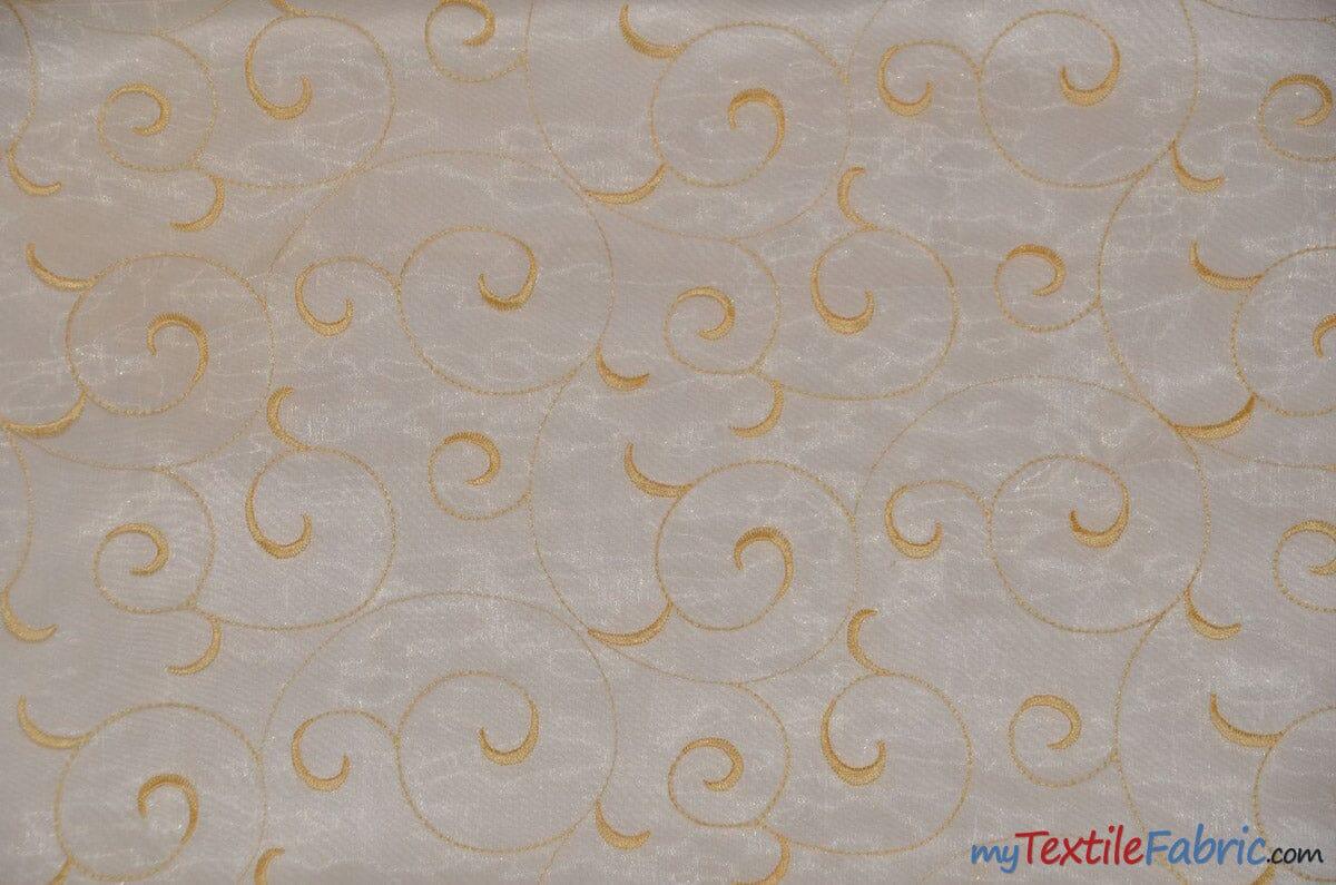 Swirl Organza Fabric | Embroidered Swirl Sheer | 54" Wide | Multiple Colors | Fabric mytextilefabric Yards Gold 