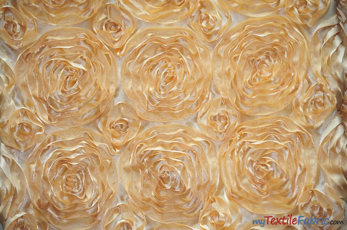 Rosette Satin Fabric | Wedding Satin Fabric | 54" Wide | 3d Satin Floral Embroidery | Multiple Colors | Continuous Yards | Fabric mytextilefabric Yards Gold 