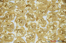 Load image into Gallery viewer, Rosette Satin Bordeaux Fabric | Rose Bordeaux Satin | 52&quot; wide | 3d Floral Satin Embroidered on a Mesh | Multiple Colors | Fabric mytextilefabric Yards Gold 