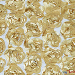 Load image into Gallery viewer, Rosette Satin Bordeaux Fabric | Rose Bordeaux Satin | 52&quot; wide | 3d Floral Satin Embroidered on a Mesh | Multiple Colors | Fabric mytextilefabric Yards Gold 
