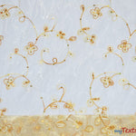 Load image into Gallery viewer, Dahlia Organza Embroidery Fabric | Embroidered Floral Sheer with Sequins Embellishment | 54&quot; Wide | Multiple Colors | Fabric mytextilefabric Yards Gold 
