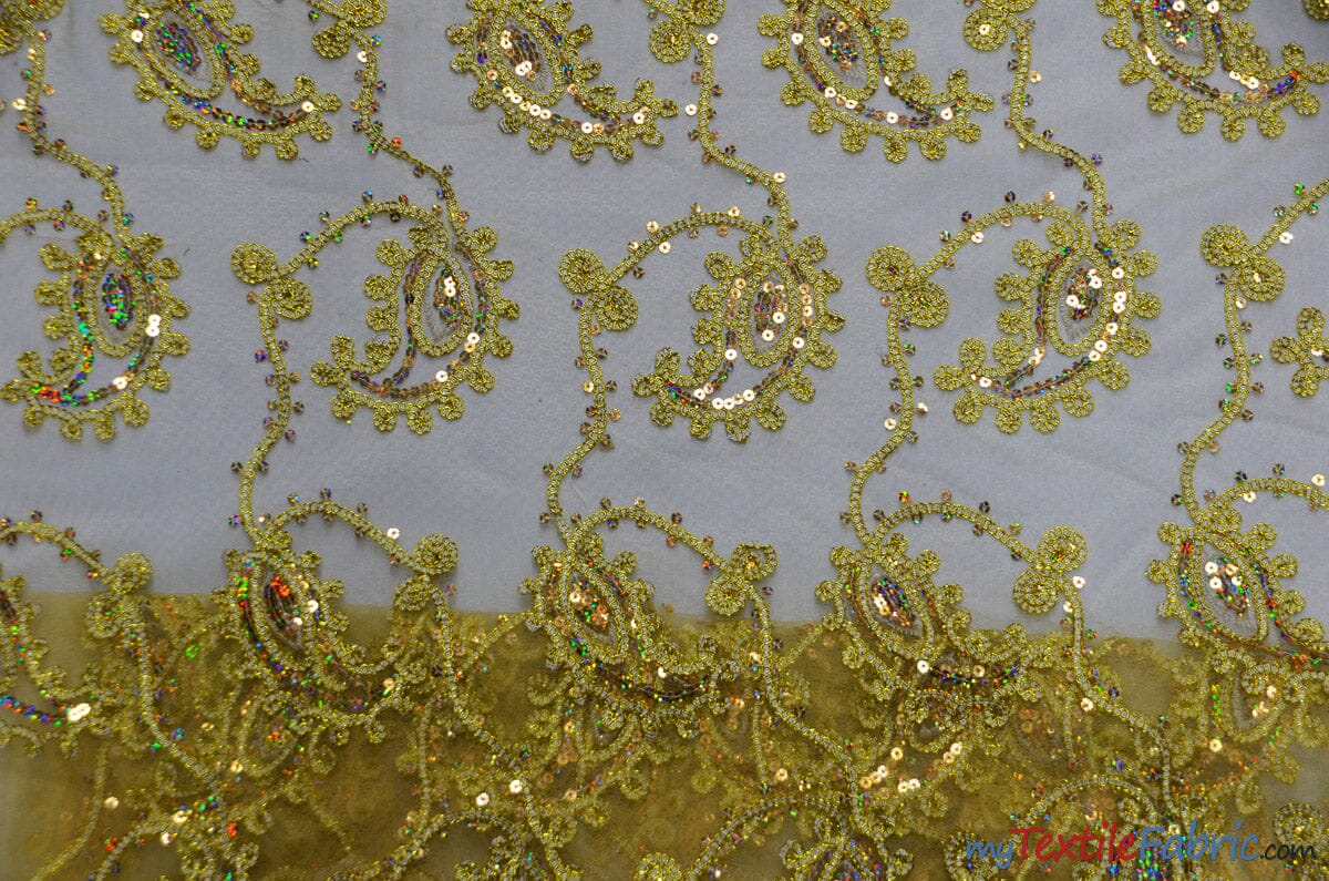 Coco Paisley Sheer Embroidery | Double Scallop Lace | 52" Wide | Fabric mytextilefabric Yards Gold 