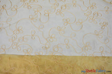 Load image into Gallery viewer, Fantasia Organza Embroidery Fabric | Embroidered Floral Sheer | 54&quot; Wide | Multiple Colors | Fabric mytextilefabric Yards Gold 