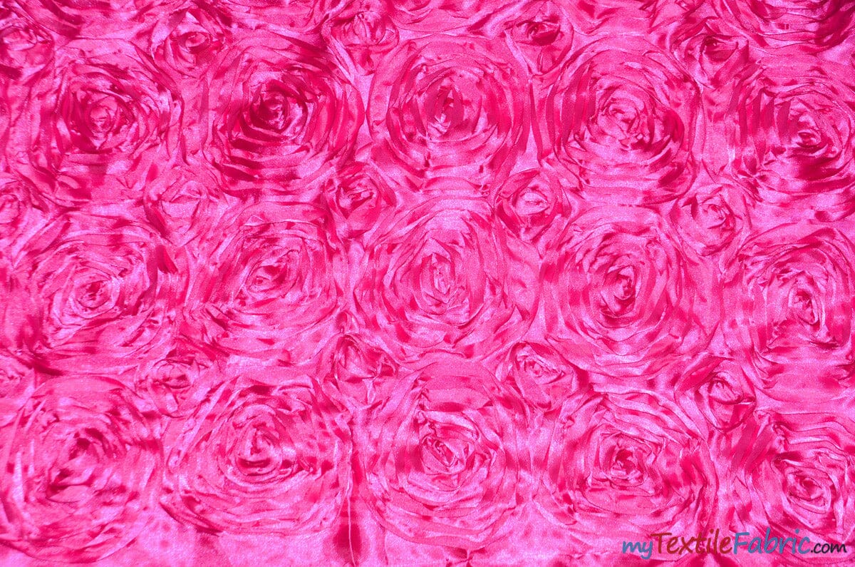 Rosette Satin Fabric | Wedding Satin Fabric | 54" Wide | 3d Satin Floral Embroidery | Multiple Colors | Wholesale Bolt | Fabric mytextilefabric Bolts Hot Pink 