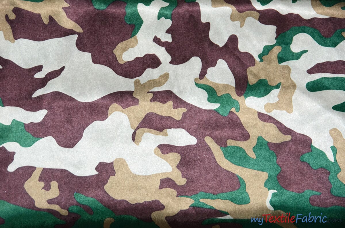 Army Camouflage Satin Print Fabric | Camo Charmeuse Satin | 60" Wide | Fabric mytextilefabric Bolts Hunter Green Camouflage 