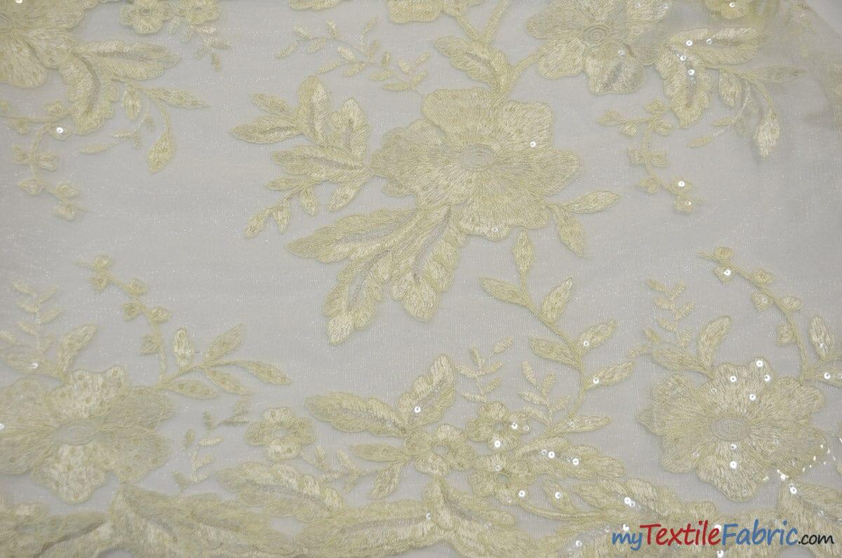 Edith Embroidery Fabric | Bridal Lace Design with Sequins | 52" Wide | Multiple Colors | Fabric mytextilefabric Yards Ivory 