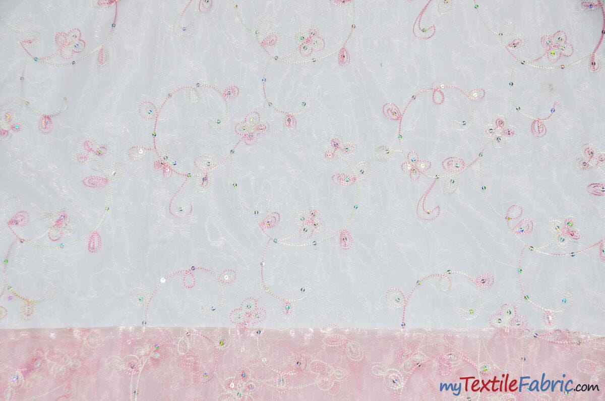 Dahlia Organza Embroidery Fabric | Embroidered Floral Sheer with Sequins Embellishment | 54" Wide | Multiple Colors | Fabric mytextilefabric Yards Light Pink 