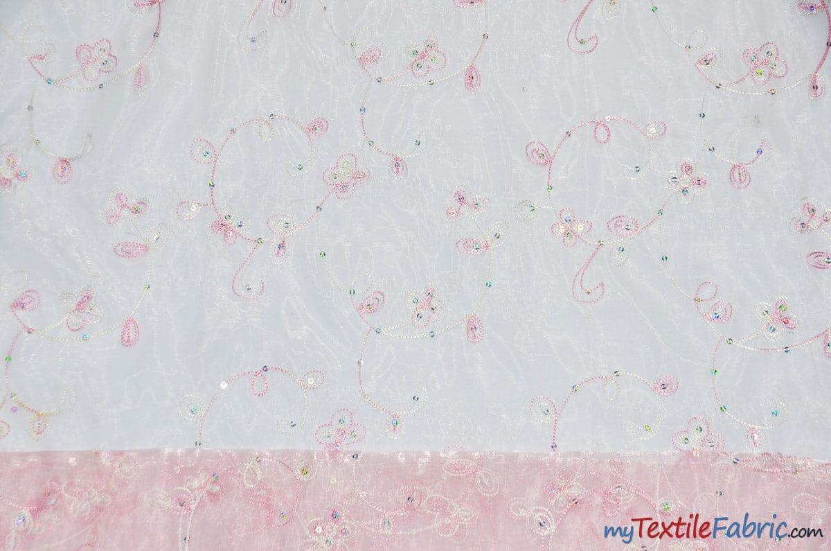 Dahlia Organza Embroidery Fabric | Embroidered Floral Sheer with Sequins Embellishment | 54" Wide | Multiple Colors | Fabric mytextilefabric Yards Light Pink 