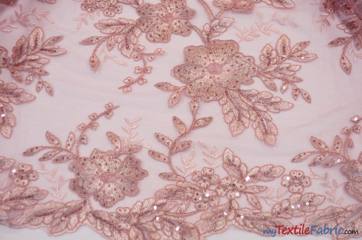 Edith Embroidery Fabric, Bridal Lace Design with Sequins, 52 Wide