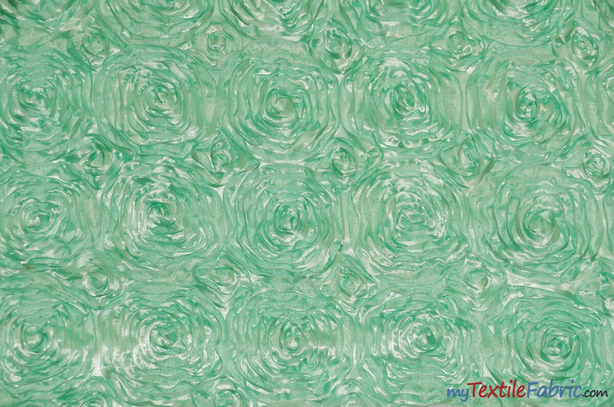 Rosette Satin Fabric | Wedding Satin Fabric | 54" Wide | 3d Satin Floral Embroidery | Multiple Colors | Continuous Yards | Fabric mytextilefabric Yards Mint 