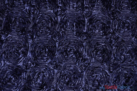 Rosette Satin Fabric | Wedding Satin Fabric | 54" Wide | 3d Satin Floral Embroidery | Multiple Colors | Continuous Yards | Fabric mytextilefabric Yards Navy Blue 