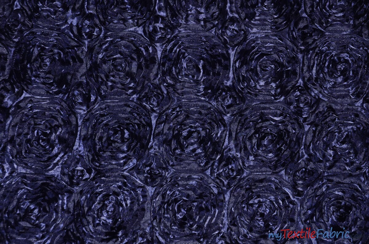 Rosette Satin Fabric | Wedding Satin Fabric | 54" Wide | 3d Satin Floral Embroidery | Multiple Colors | Wholesale Bolt | Fabric mytextilefabric Bolts Navy Blue 