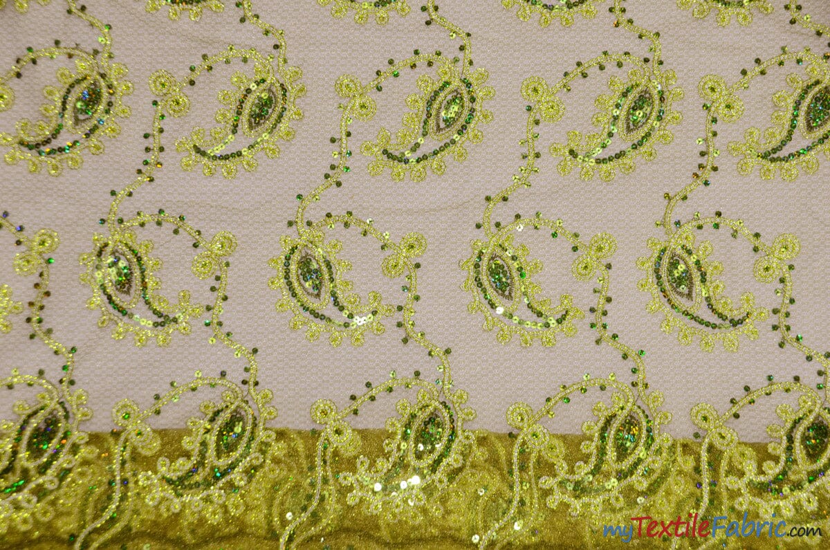 Coco Paisley Sheer Embroidery | Double Scallop Lace | 52" Wide | Fabric mytextilefabric Yards Olive 