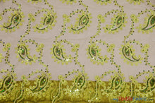 Load image into Gallery viewer, Coco Paisley Sheer Embroidery | Double Scallop Lace | 52&quot; Wide | Fabric mytextilefabric Yards Olive 