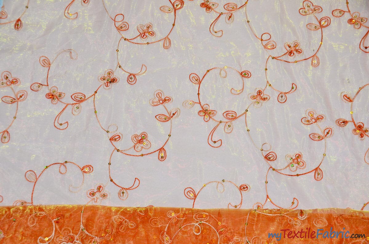 Dahlia Organza Embroidery Fabric | Embroidered Floral Sheer with Sequins Embellishment | 54" Wide | Multiple Colors | Fabric mytextilefabric Yards Orange 