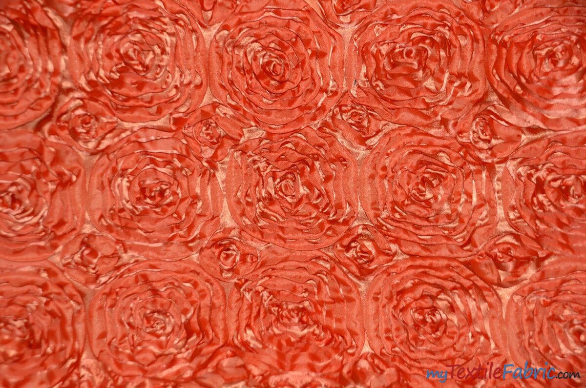 Rosette Satin Fabric | Wedding Satin Fabric | 54" Wide | 3d Satin Floral Embroidery | Multiple Colors | Sample Swatch| Fabric mytextilefabric Sample Swatches Orange 