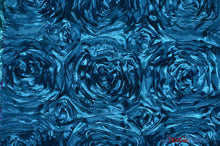 Load image into Gallery viewer, Rosette Satin Fabric | Wedding Satin Fabric | 54&quot; Wide | 3d Satin Floral Embroidery | Multiple Colors | Wholesale Bolt | Fabric mytextilefabric Bolts Peacock 
