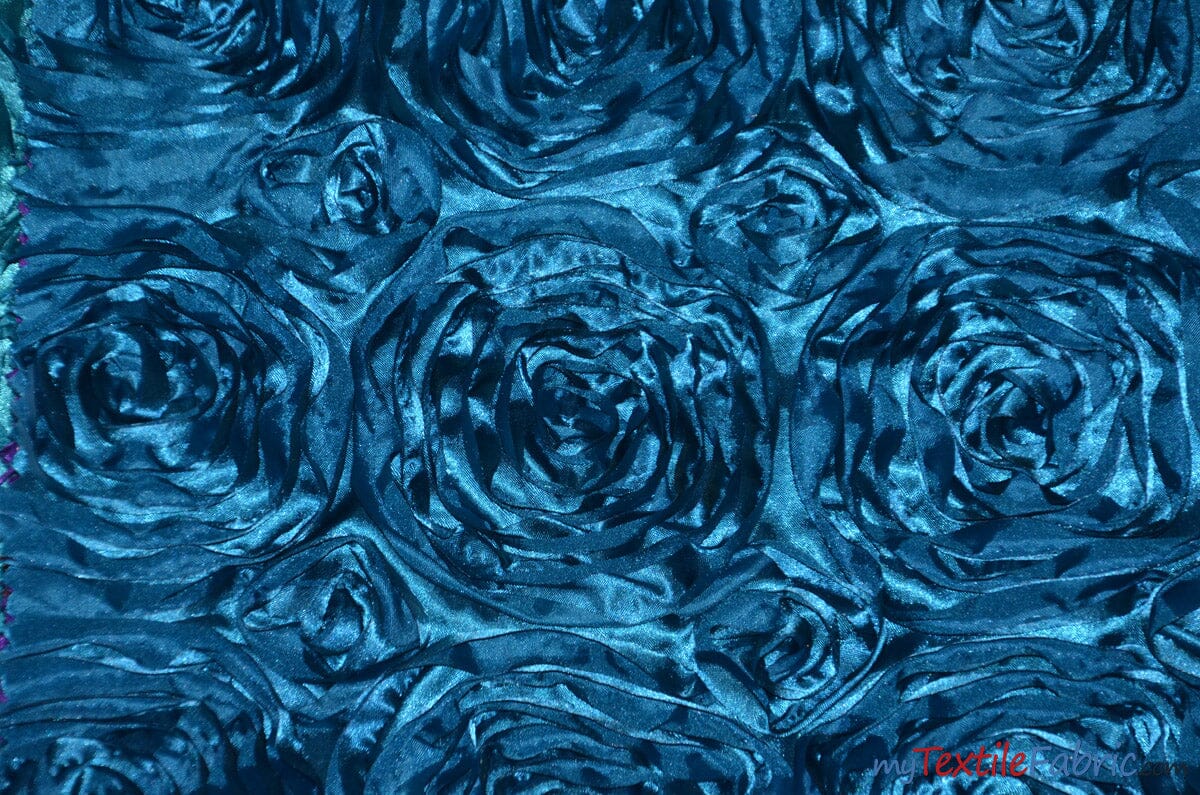 Rosette Satin Fabric | Wedding Satin Fabric | 54" Wide | 3d Satin Floral Embroidery | Multiple Colors | Sample Swatch| Fabric mytextilefabric Sample Swatches Peacock 
